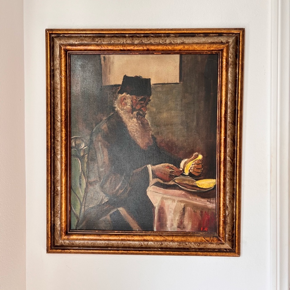 Vintage Original Oil Painting Rabbi Eating Fruit Moody Framed Art Old World‎